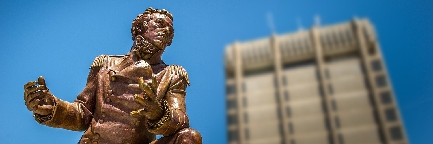 The statue of Sir Isaac Brock in front of the Schmon Tower at Brock University